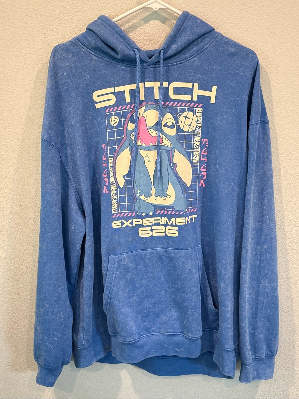 Disney Stitch Experiment 626 Hoodie Men’s XL Blue Mineral Wash Graphic Front